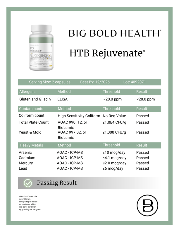 HTB Rejuvenate supplement bottle with capsules and wooden backdrop.