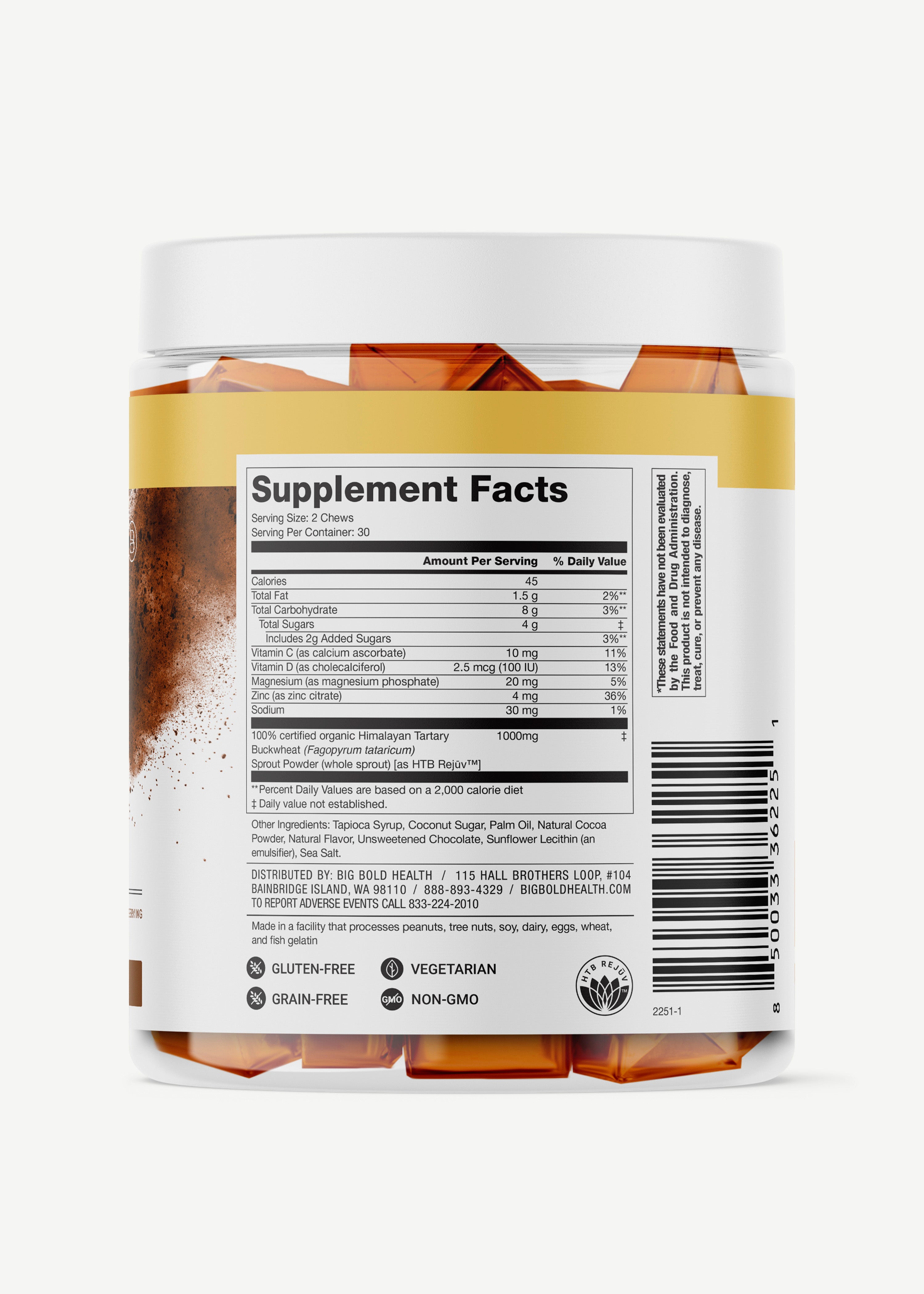 HTB Rejuvenate supplement bottle with capsules and wooden backdrop.