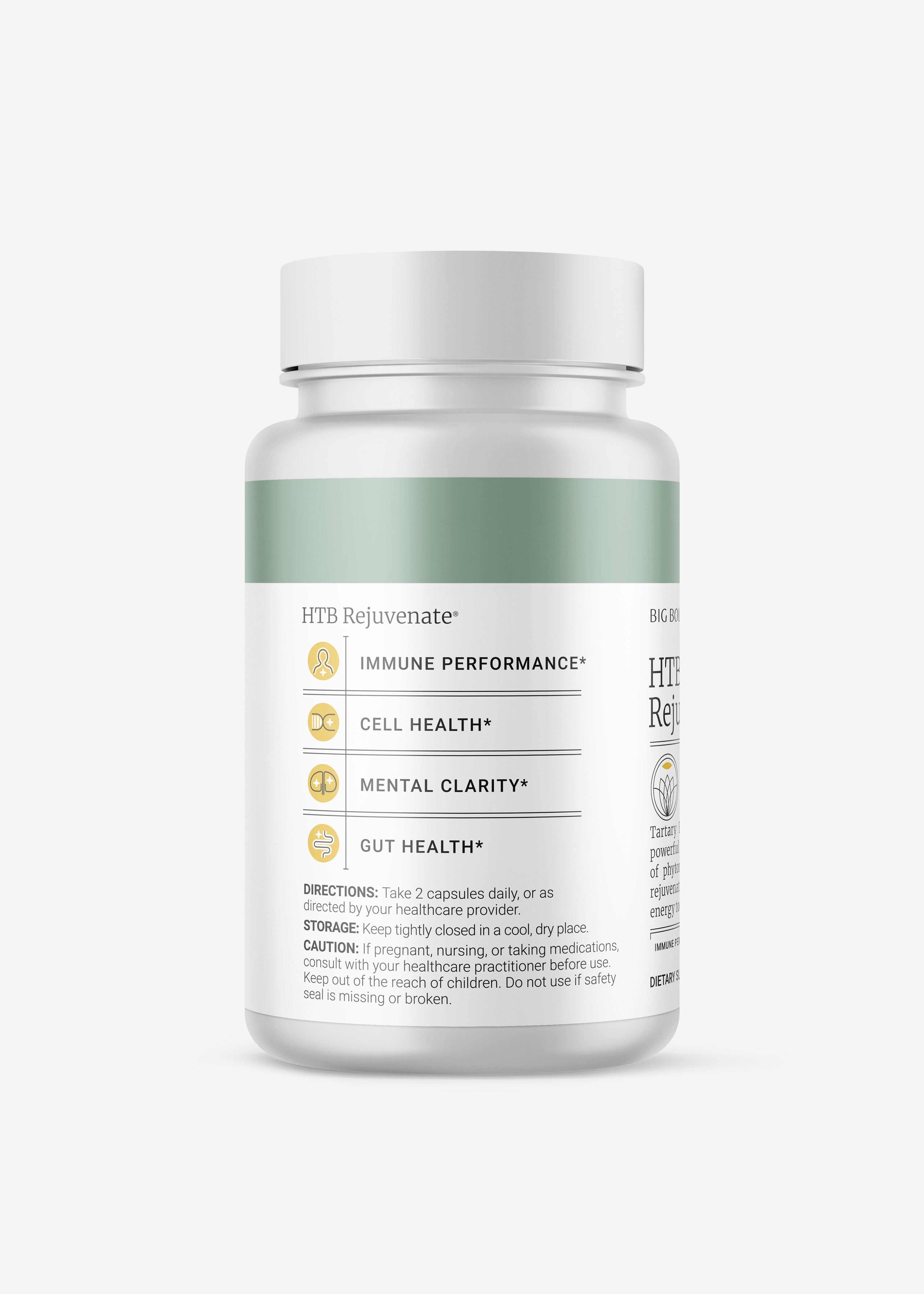 HTB Rejuvenate supplement bottle with capsules and wooden backdrop.