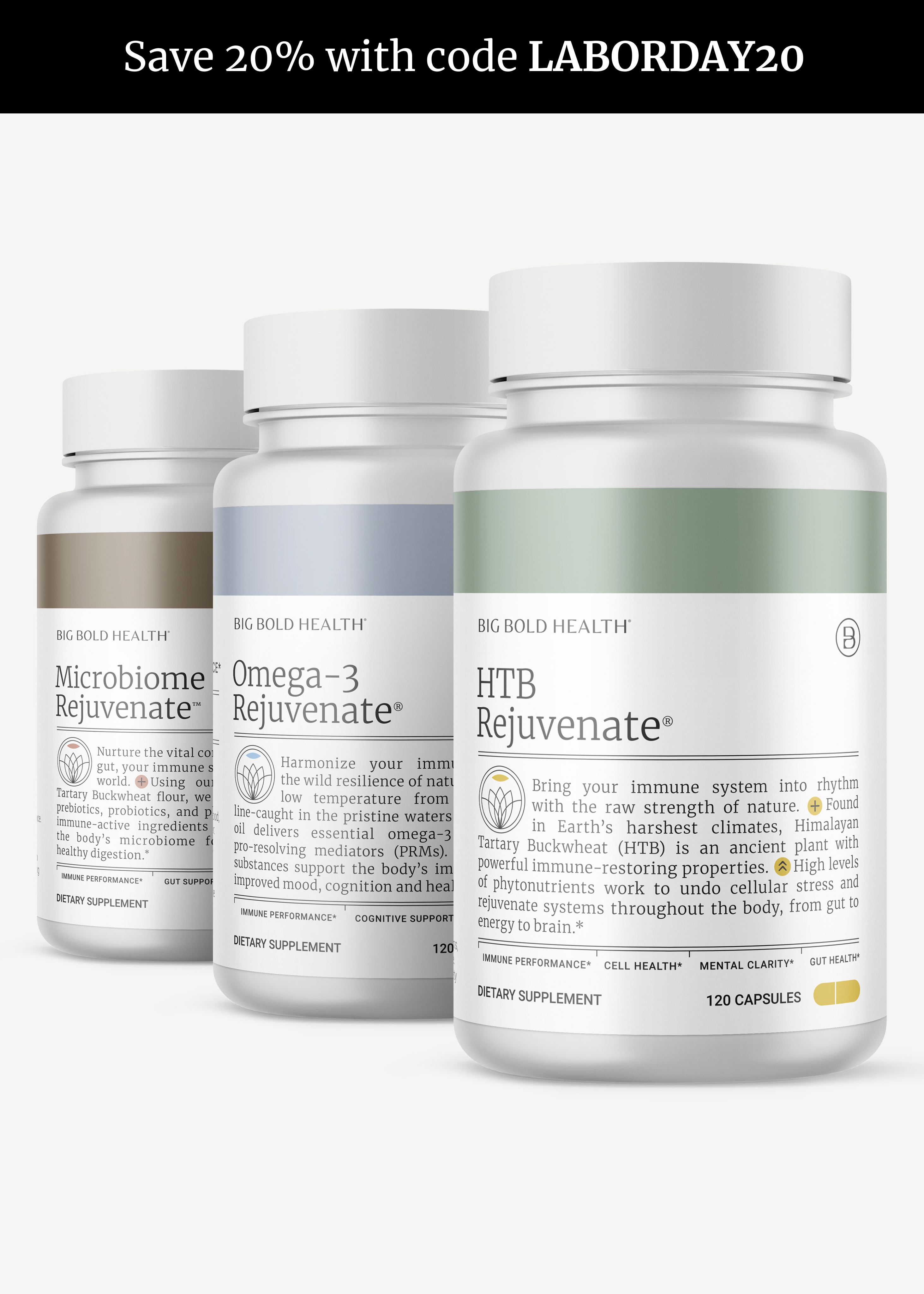 HTB Rejuvenate supplement bottle with capsules and wooden backdrop.
