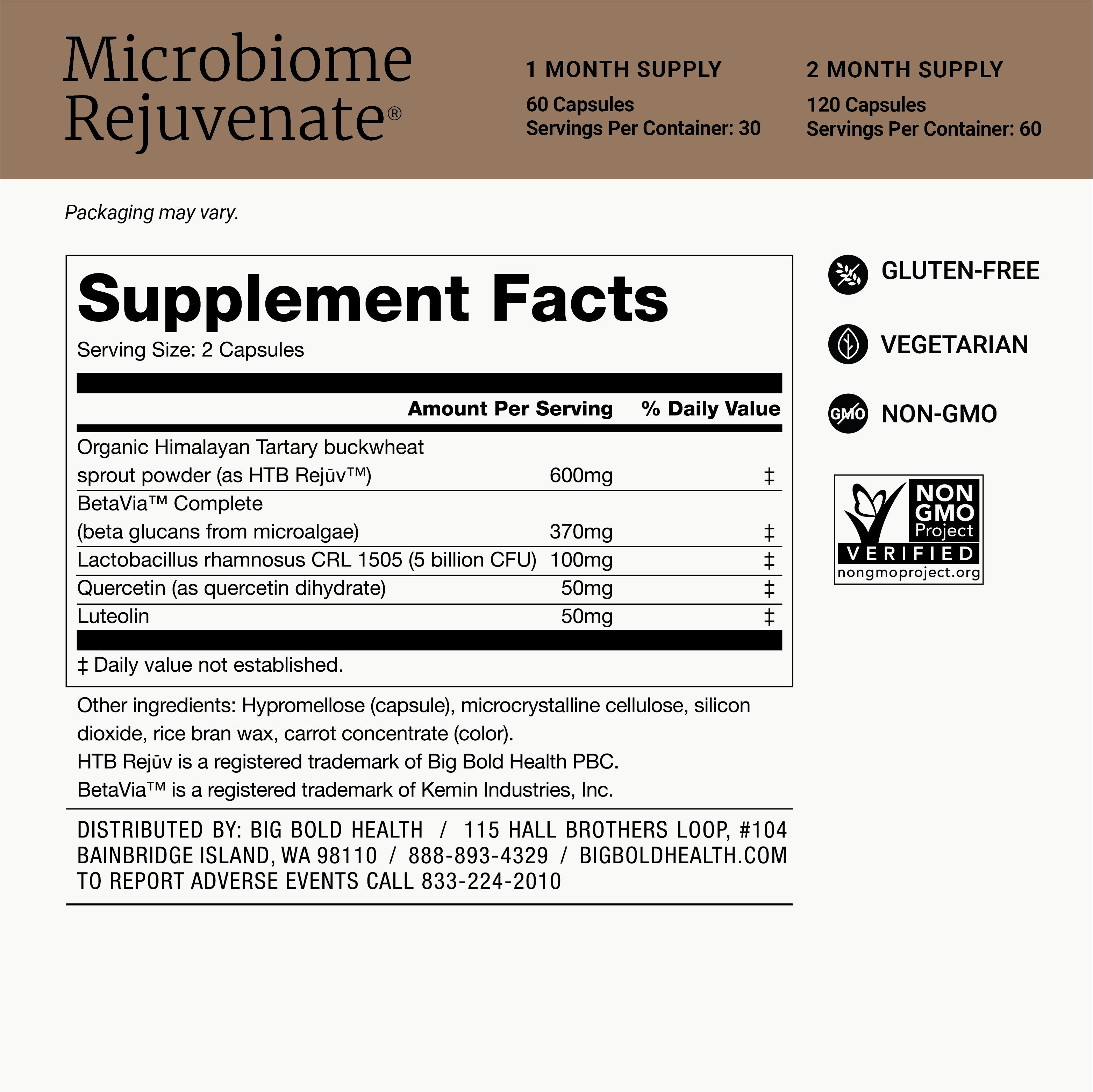 HTB Rejuvenate supplement bottle with capsules and wooden backdrop.