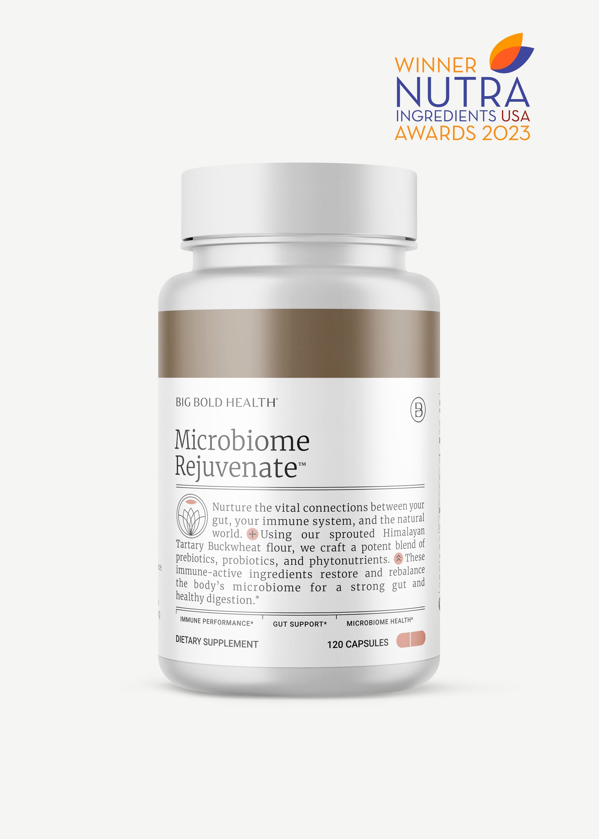 HTB Rejuvenate supplement bottle with capsules and wooden backdrop.