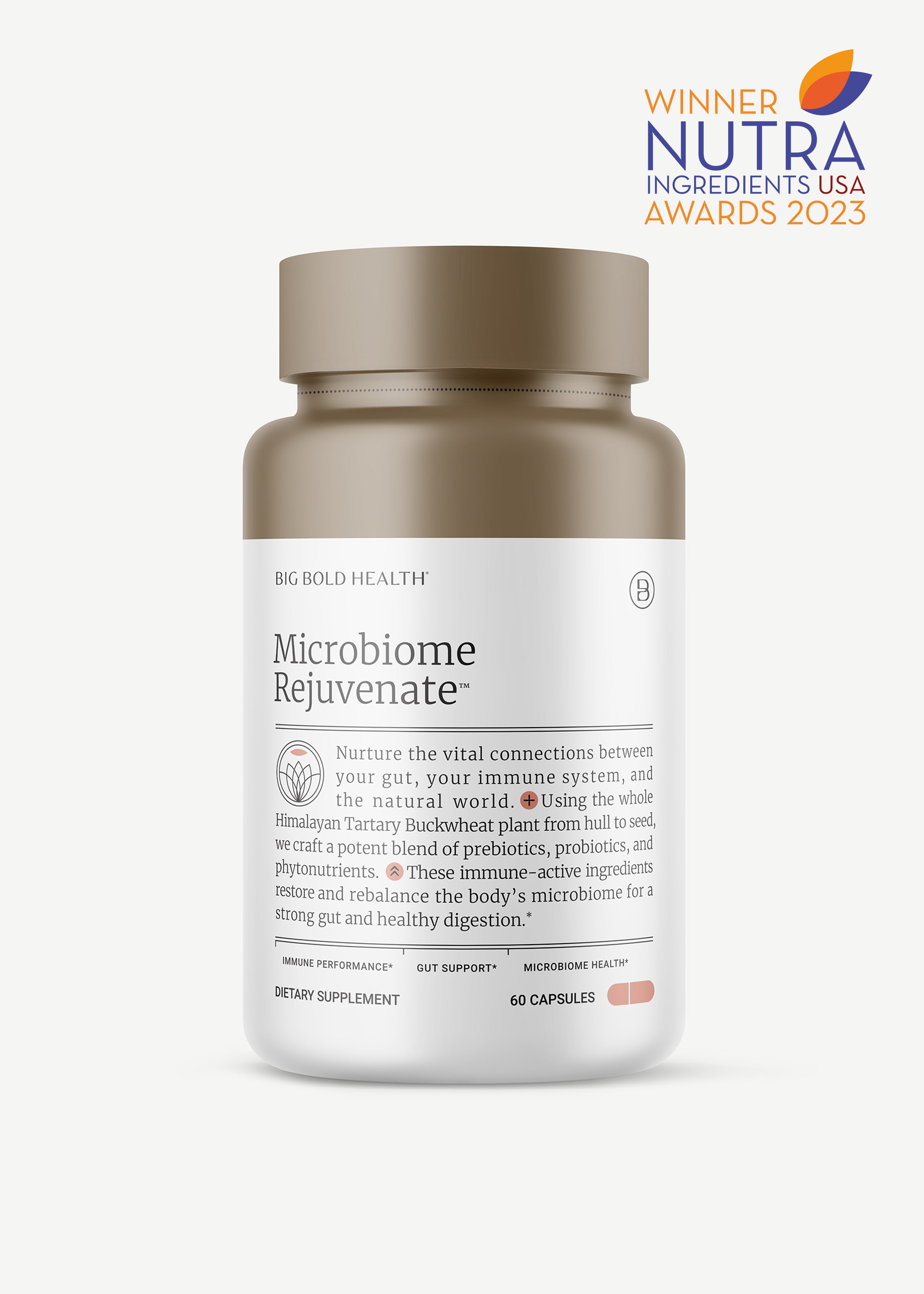HTB Rejuvenate supplement bottle with capsules and wooden backdrop.
