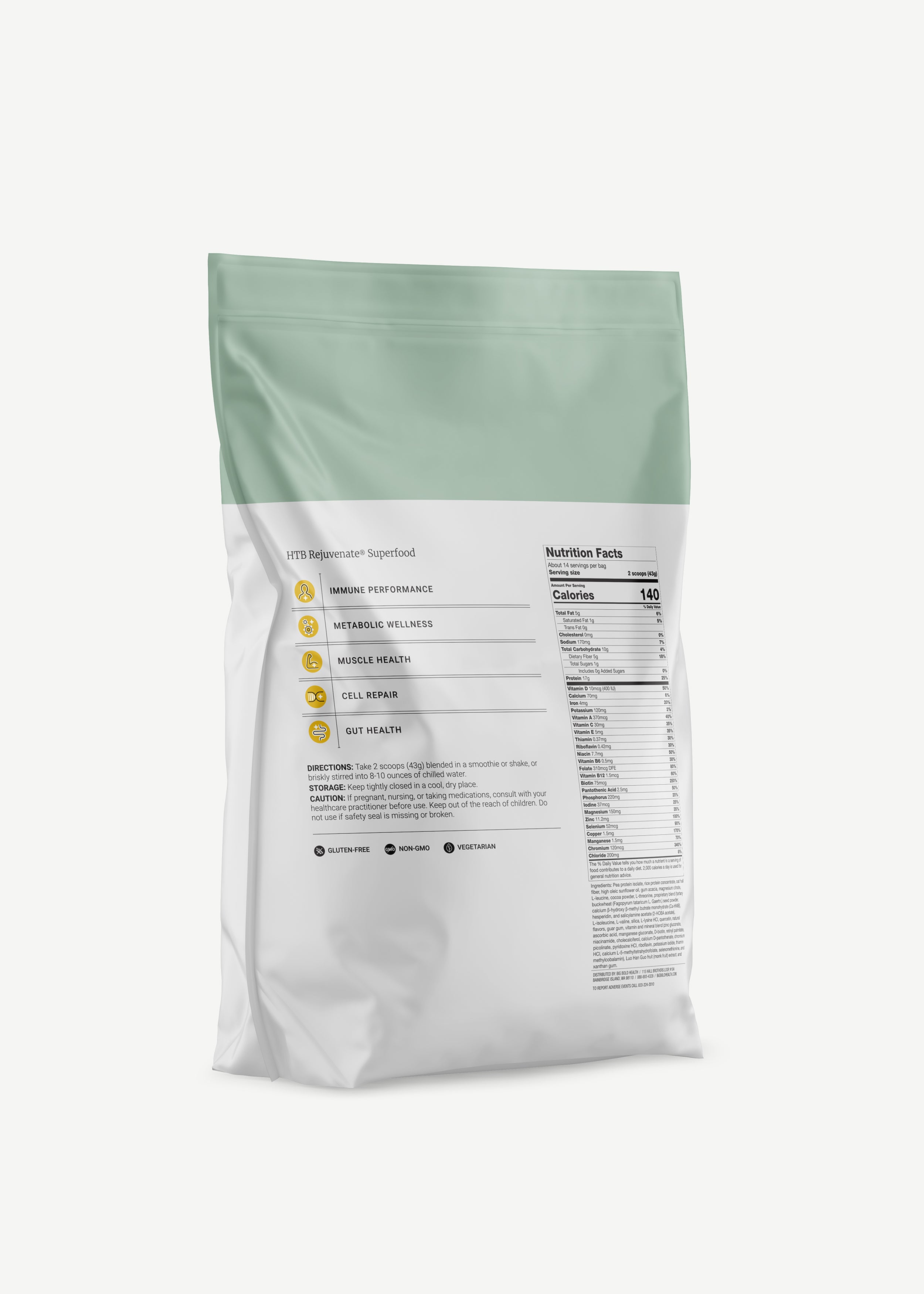 HTB Rejuvenate supplement bottle with capsules and wooden backdrop.