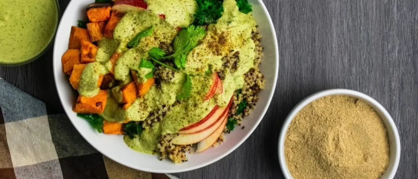 Chef Lee's harvest bowl with HTB Sprout Powder dressing