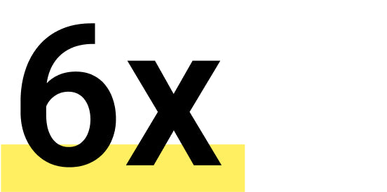 The text '6x' is shown in bold black font, with the '6' resting on top of a yellow highlight against a white background.