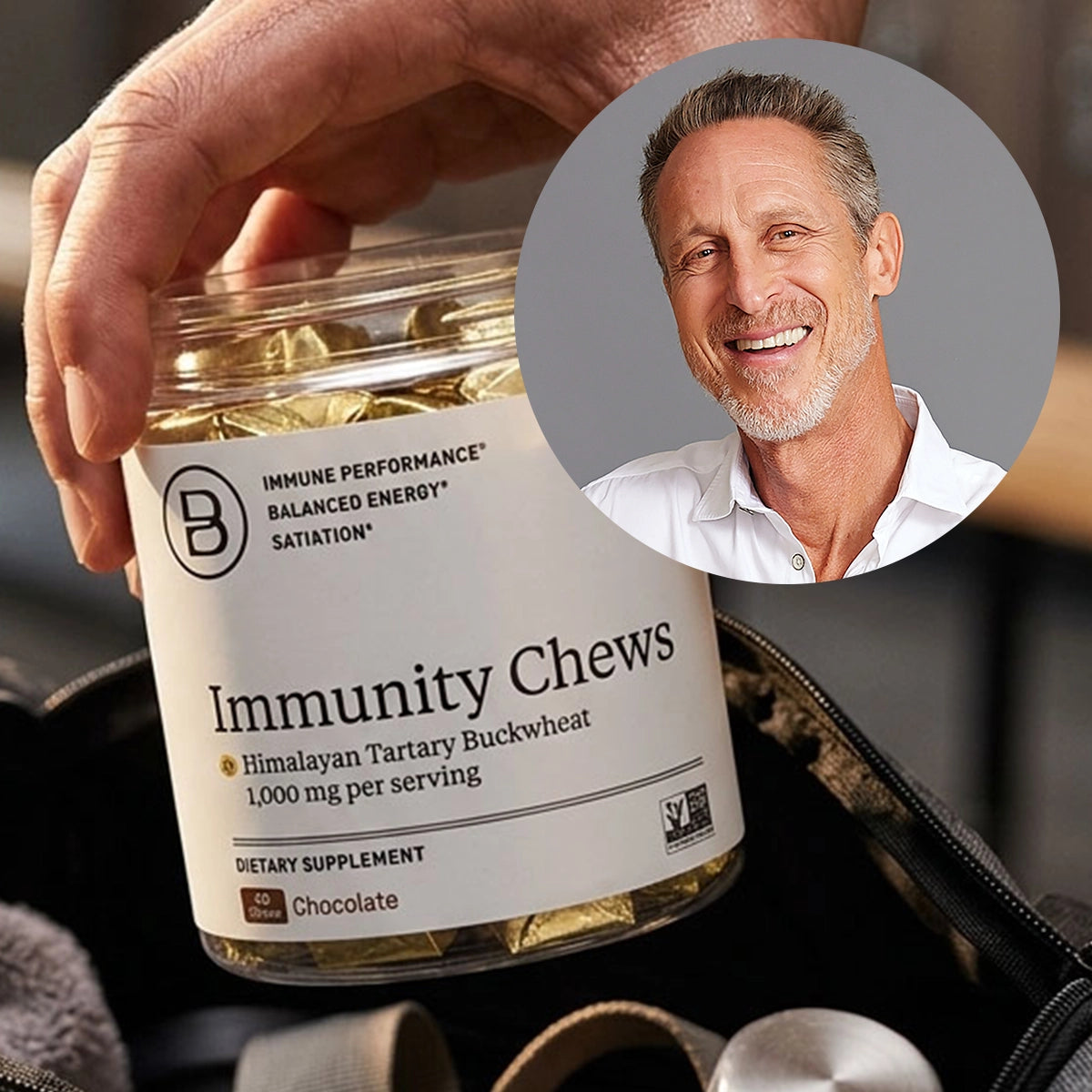 A man's hand picking up a container of chews from a gym bag with an overlay of Mark Hyman's professional headshot