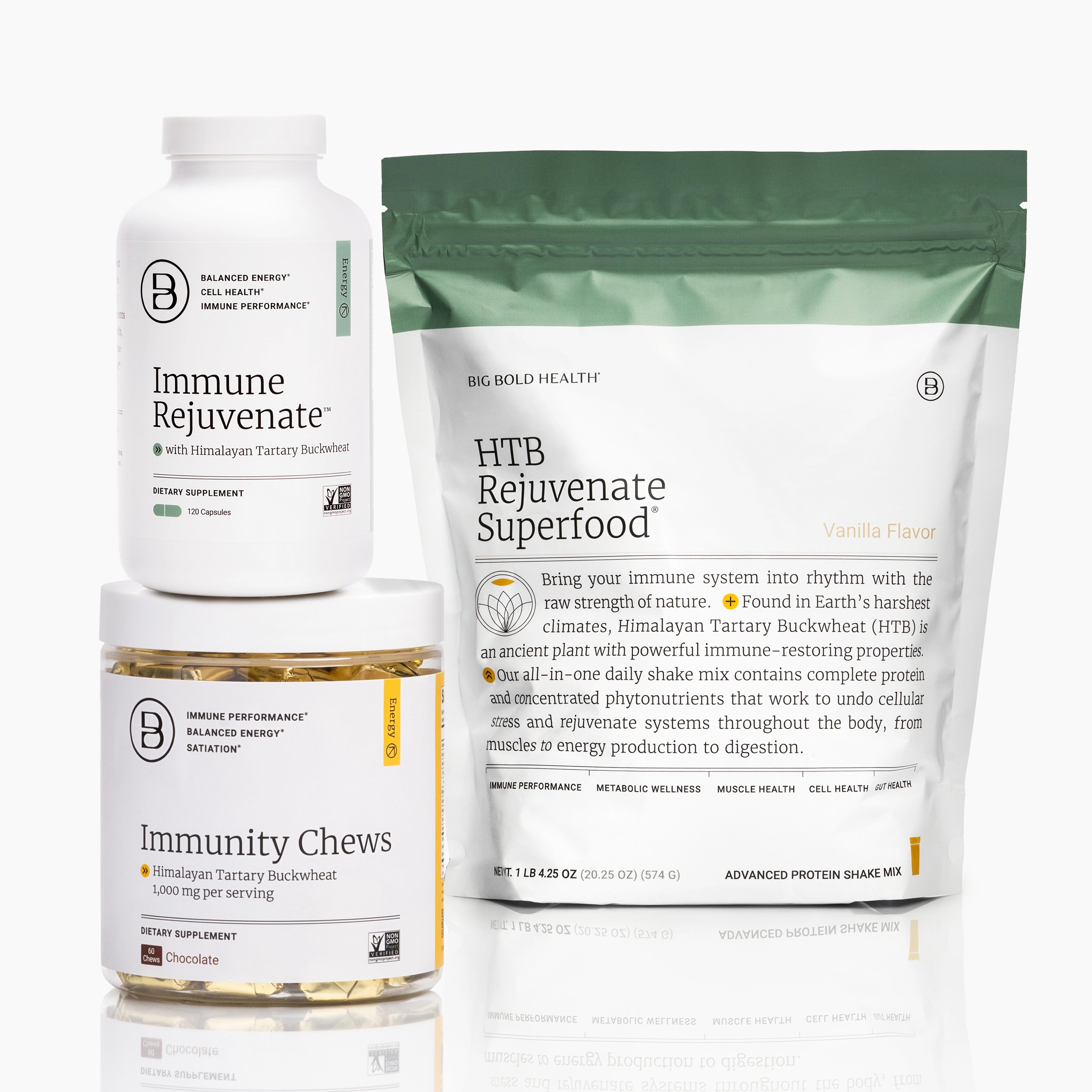 Bottle of HTB Rejuvenate supplement with capsules and rustic wood background.