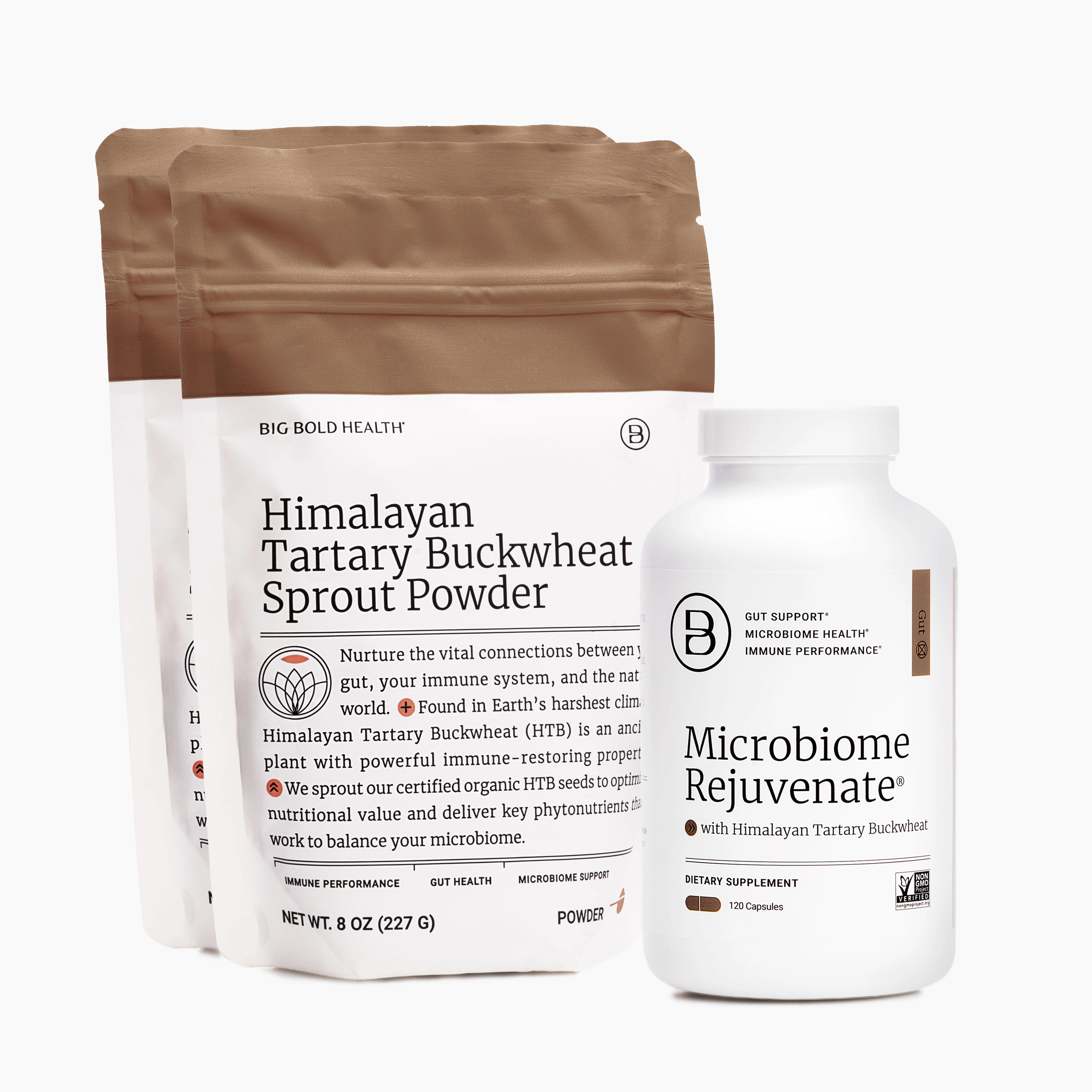 Bottle of HTB Rejuvenate supplement with capsules and rustic wood background.