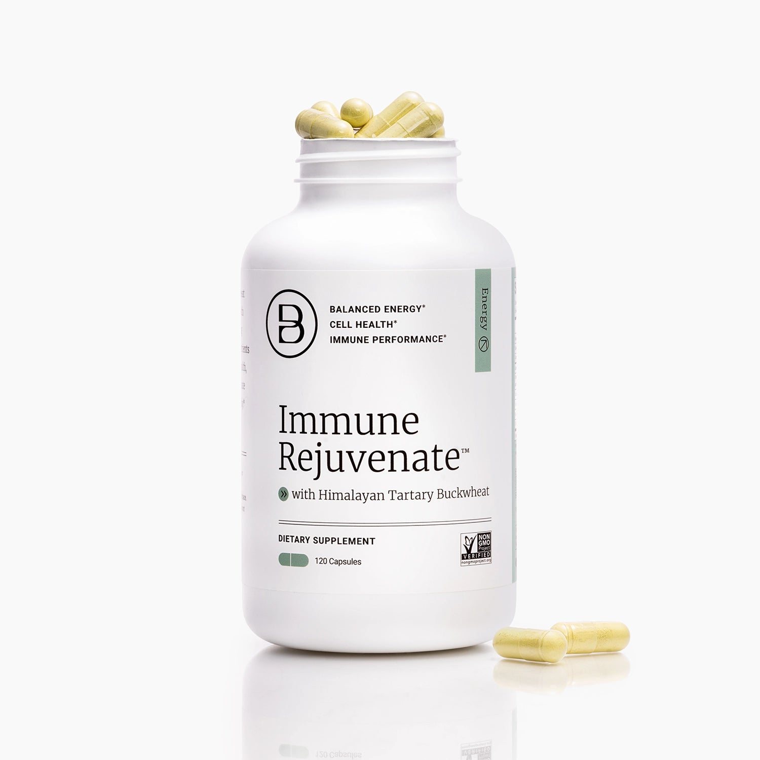 A white bottle of Balanced Energy Cell Health Immune Rejuvenate dietary supplement, shown open with capsules spilling out on a clean white background.
