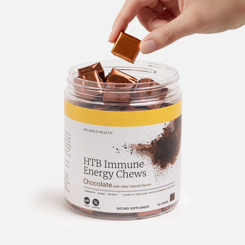 HTB Rejuvenate supplement bottle with capsules and wooden backdrop.