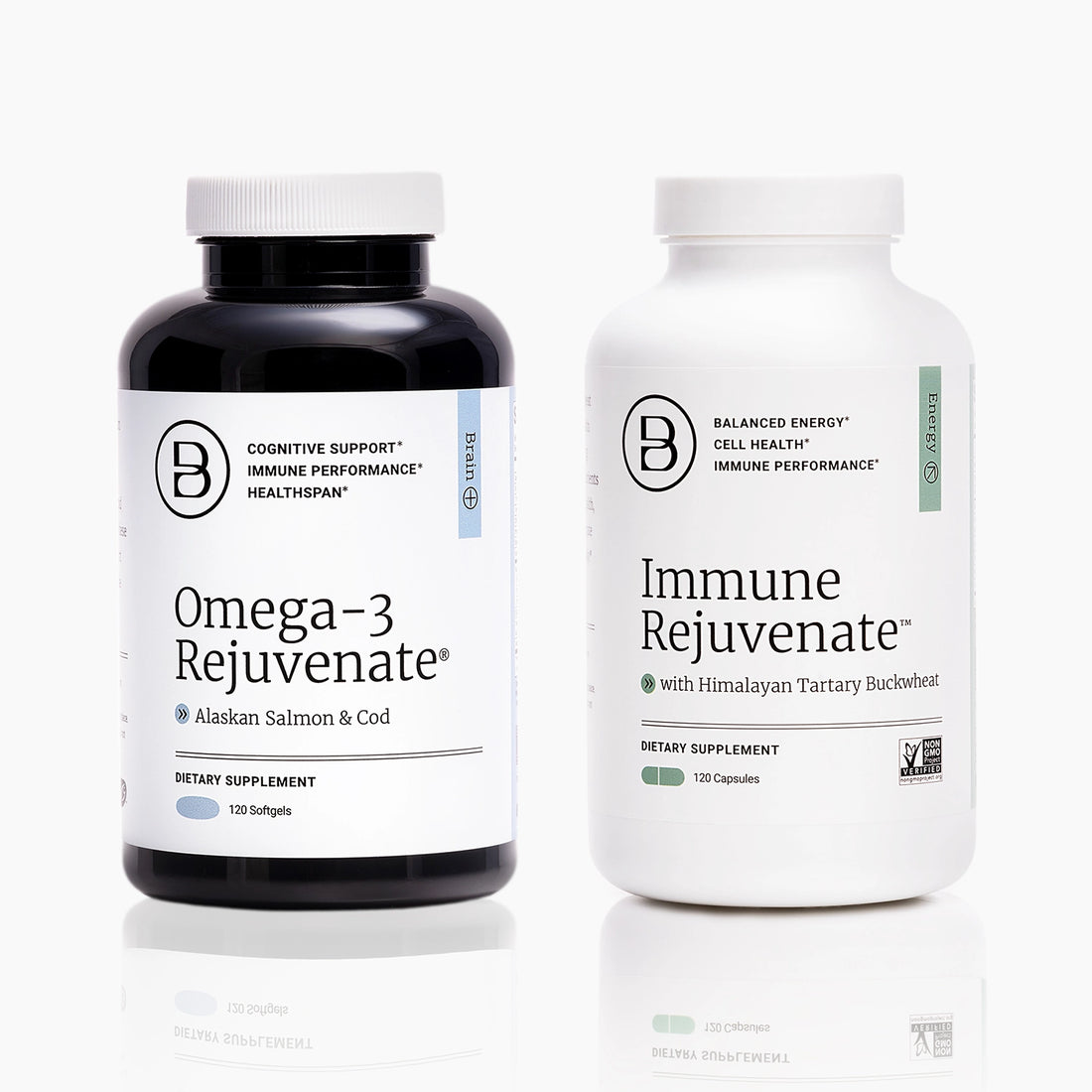 Two dietary supplement bottles on a clean white background: a black bottle labeled Omega-3 Rejuvenate on the left and a white bottle labeled Immune Rejuvenate on the right. Both bottles have white caps and are shown side by side with a subtle reflection below.