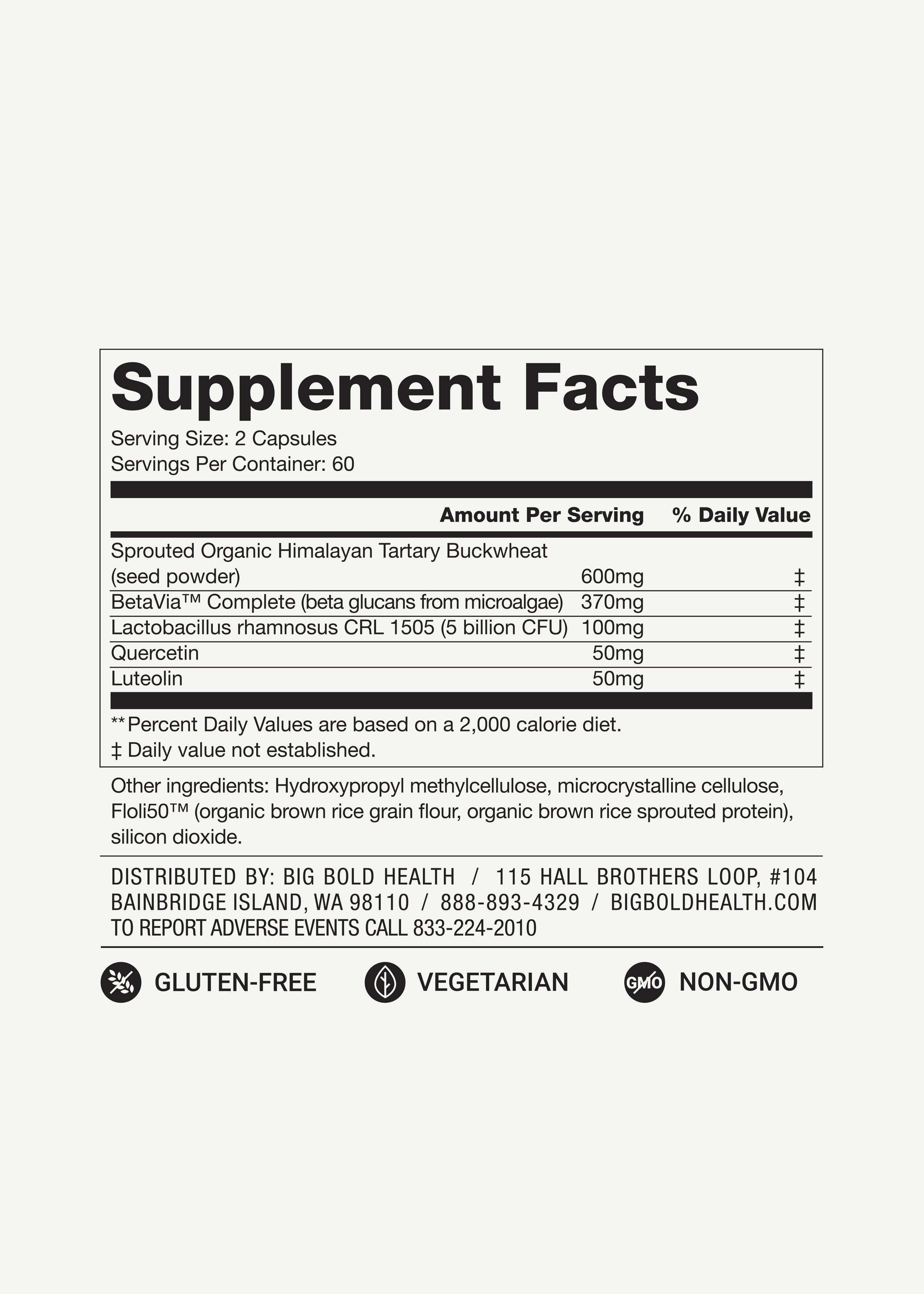 A supplement facts label listing ingredients, serving size, and nutritional information, with gluten-free and vegetarian symbols.