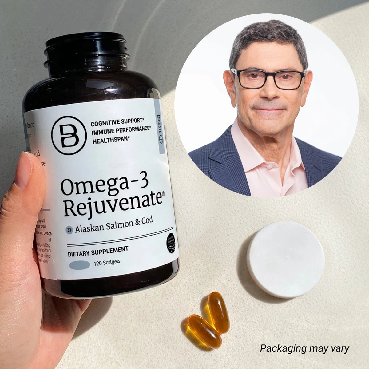 Closeup of supplement packaging with a professional headshot of Ronald Hoffman inset within a circle