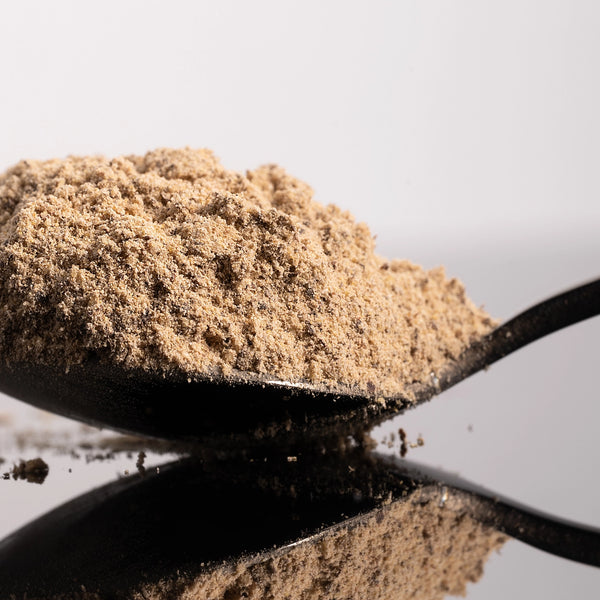 A close-up of a black spoon filled with fine light brown powder, photographed against a clean light gray background with a soft reflection below.