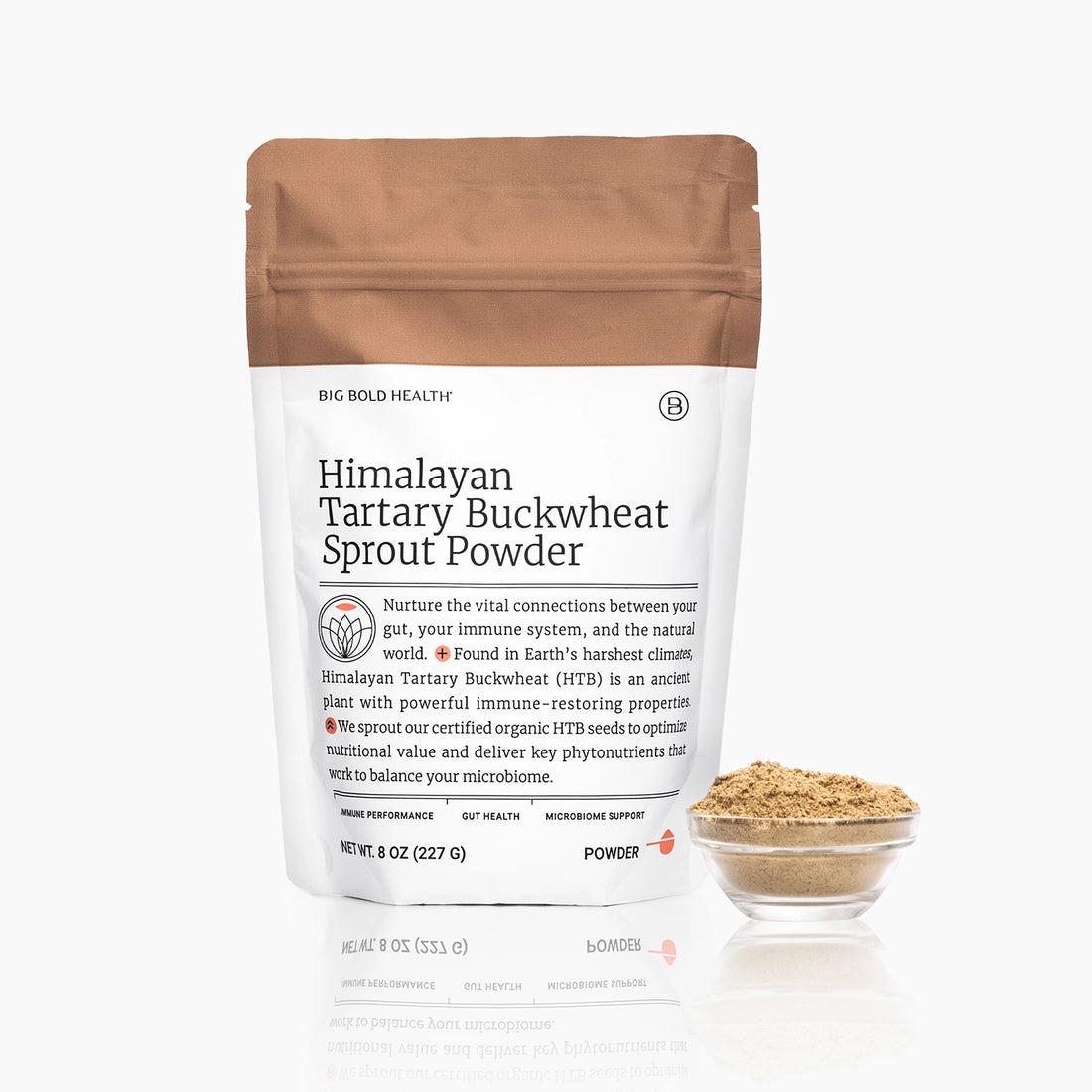 A stand-up pouch of Himalayan Tartary Buckwheat Sprout Powder by Big Bold Healthy, shown on a white background with a small bowl of the powder beside it.