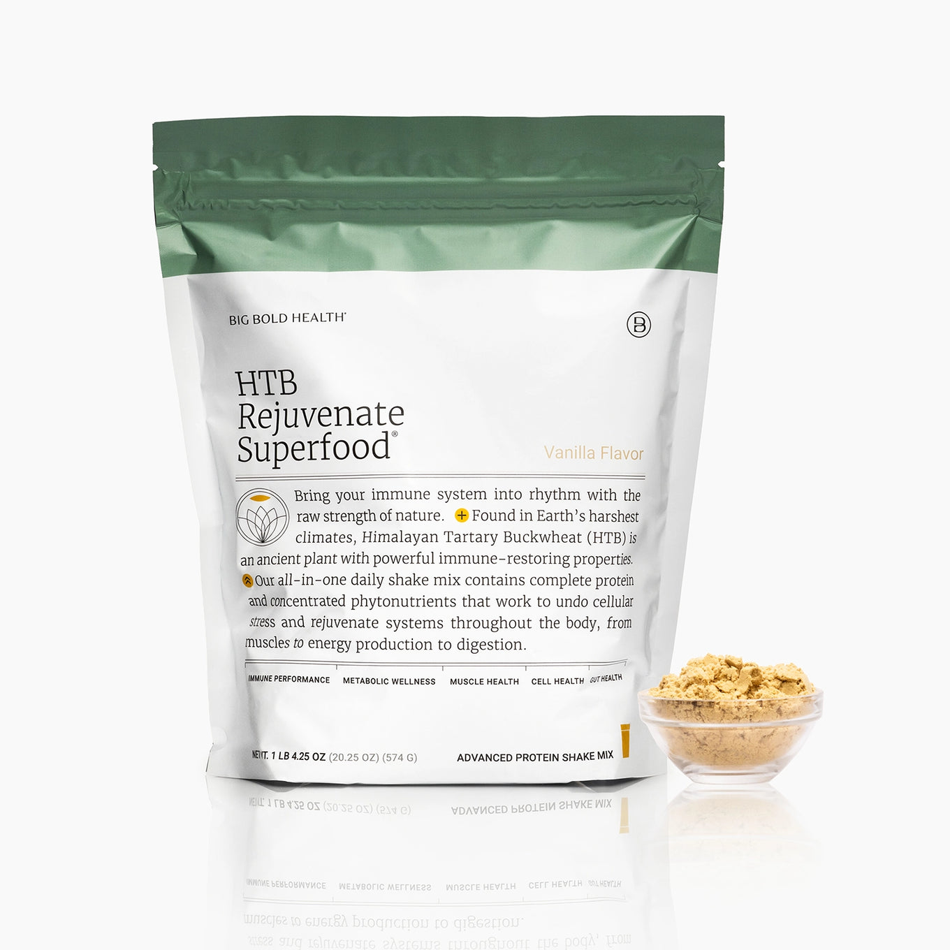 A stand-up pouch of Big Bold Health HTB Rejuvenance Superfood in Vanilla Flavor, shown on a clean white background with a small clear bowl of the tan powder beside it.