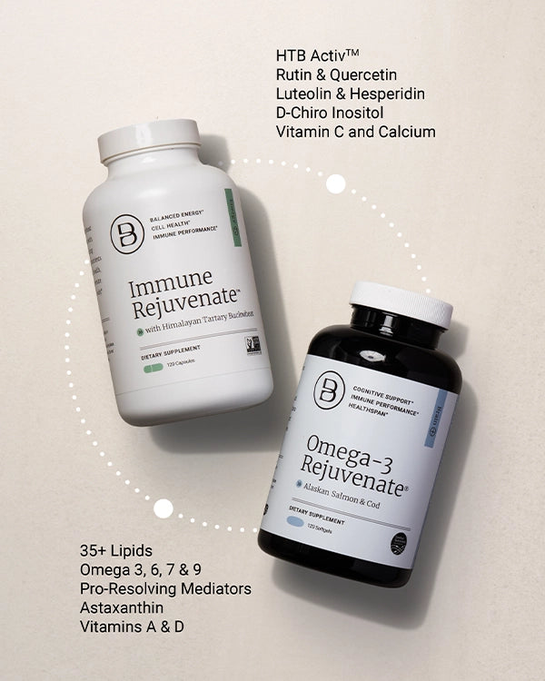 Two dietary supplement bottles on a light beige background: a white bottle labeled Immune Rejuvenate and a dark bottle labeled Omega-3 Rejuvenate, with text describing ingredients.